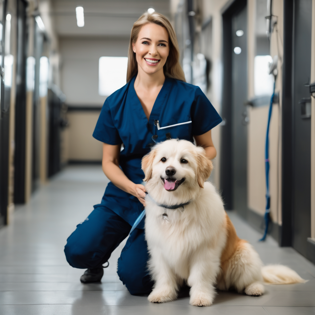 Professional pet care handler providing attentive walking service with well-behaved dog