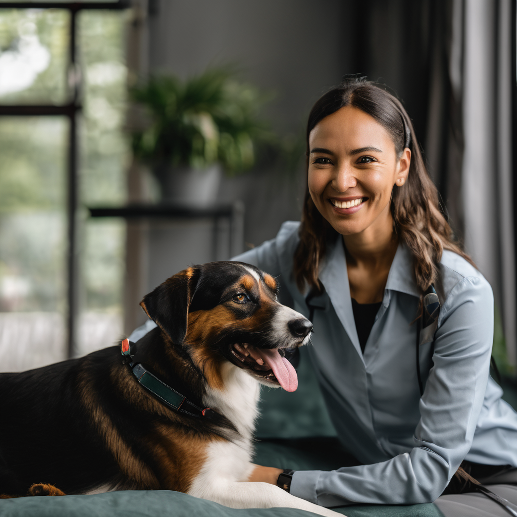 Satisfied dog owner with their happy, well-cared-for pet showing trust and warmth