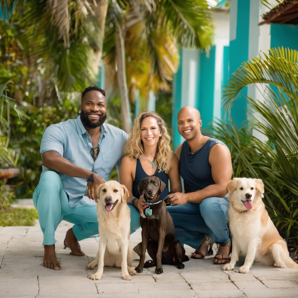 Three neighbors with their dogs on a palm-lined Miami walkway